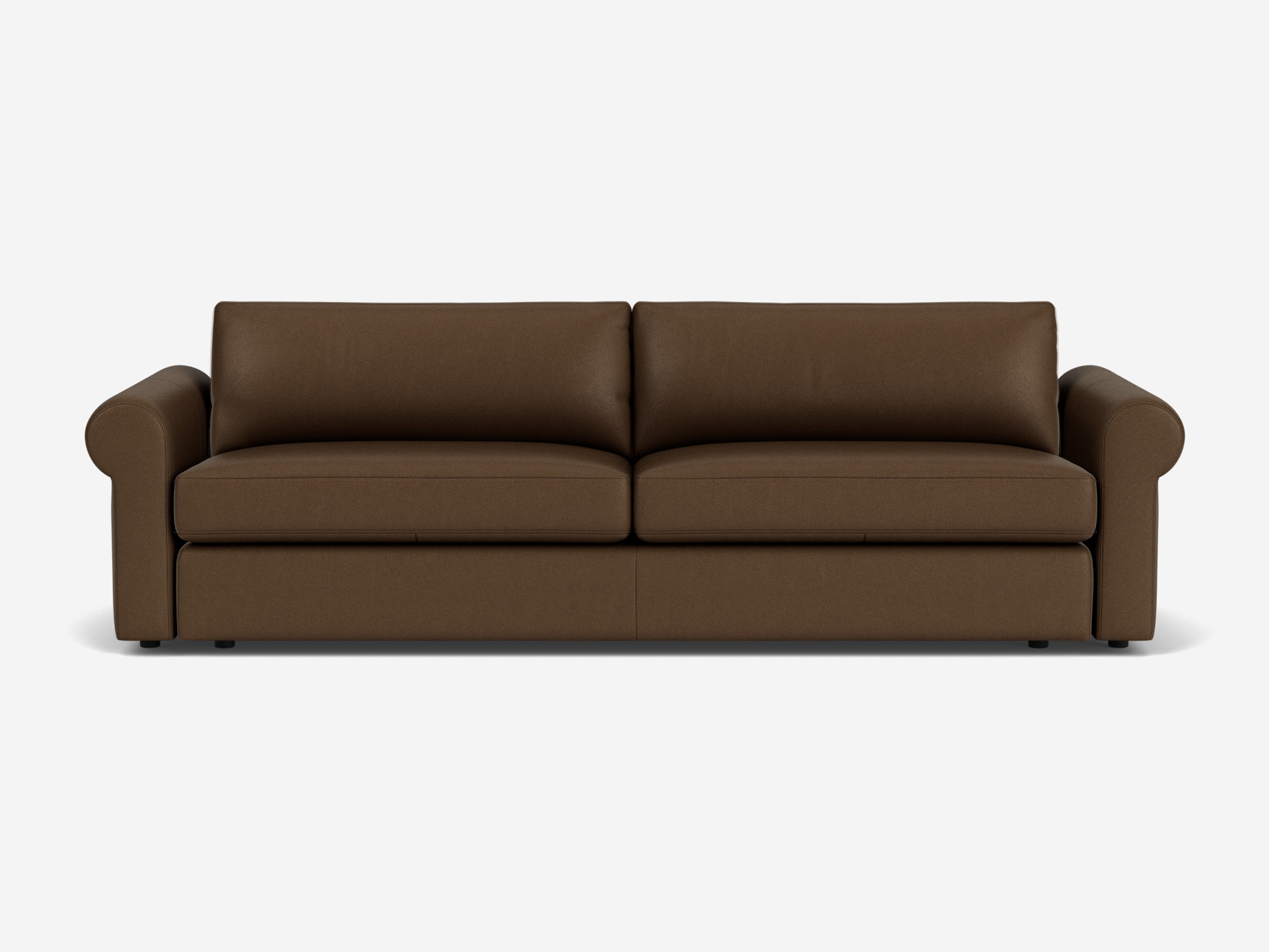 Brown leather 2-seat sofa with roll arms front view